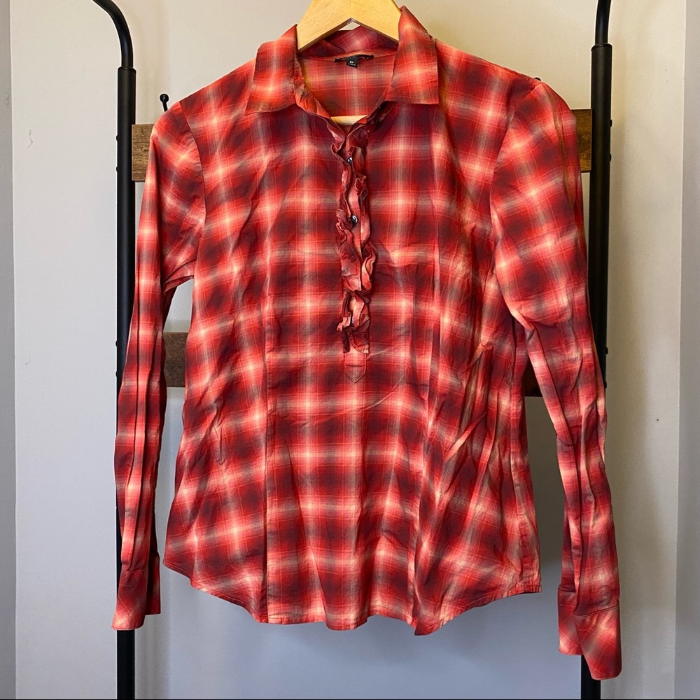 Talbots Women’s collar plaid ombré long sleeve 1/2 buttons shirt size 8 petite